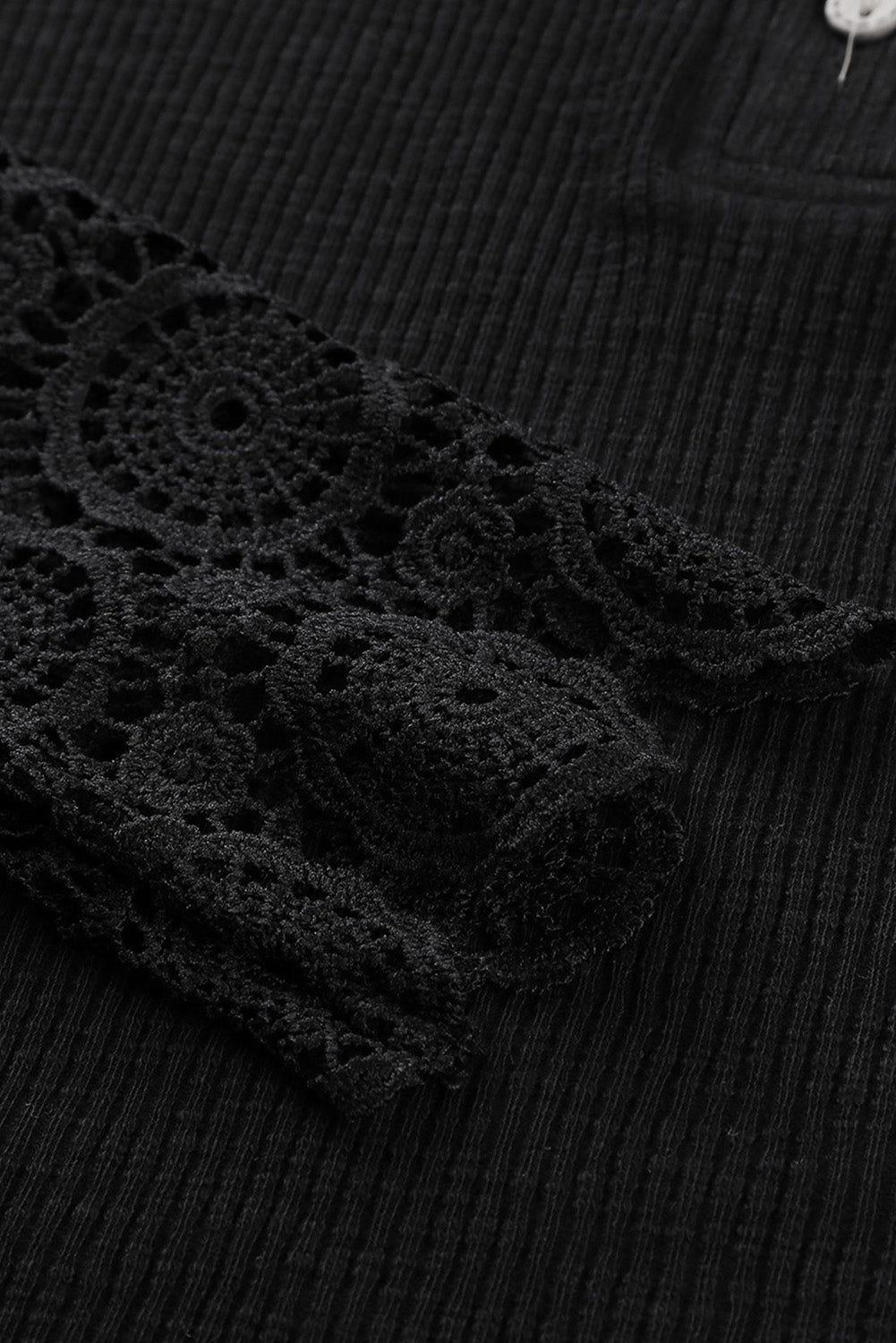 Black Crochet Lace Hem Sleeve Button Top