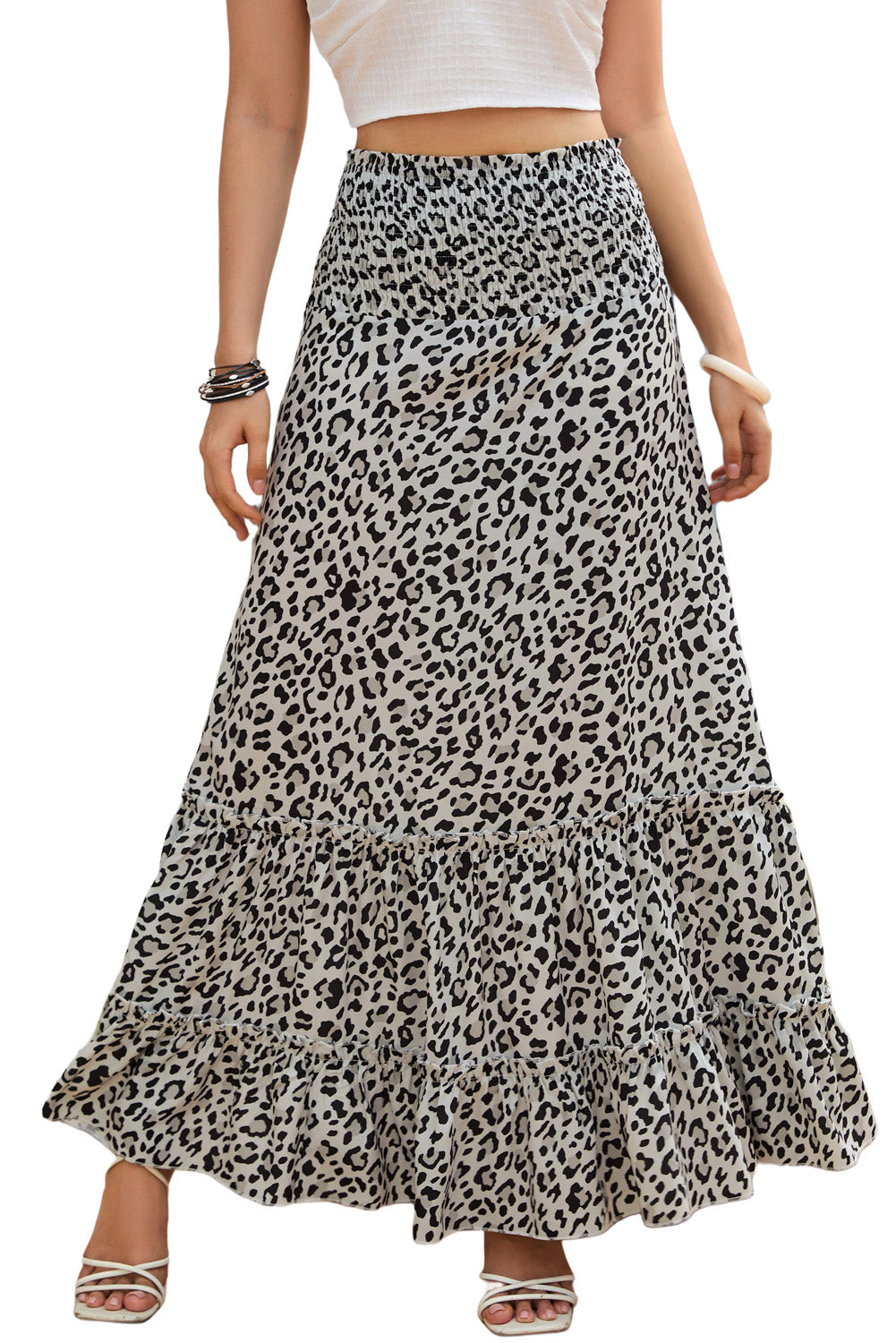 Leopard Embellished High Waist Frill Tiered Maxi Skirt