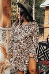 Leopard Plus Size Leopard Long Sleeve Midi Dress