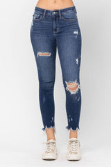 Mid-Rise Raw Hem Destroyed Skinny Jeans