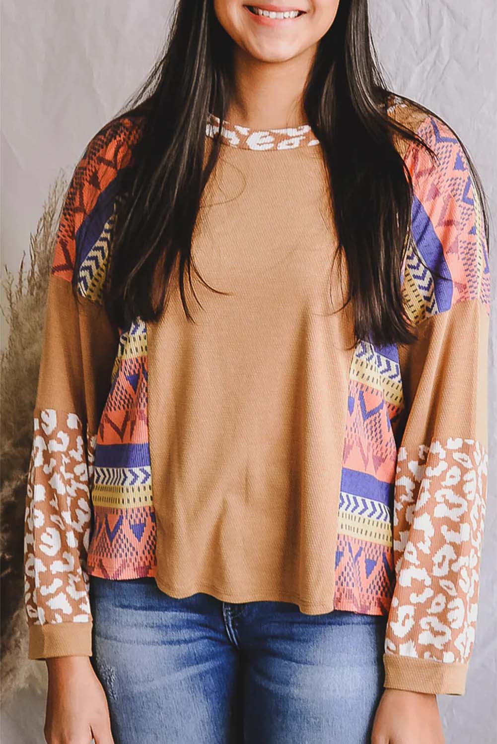 Multicolor Western Print Patchwork Long Sleeve Tee