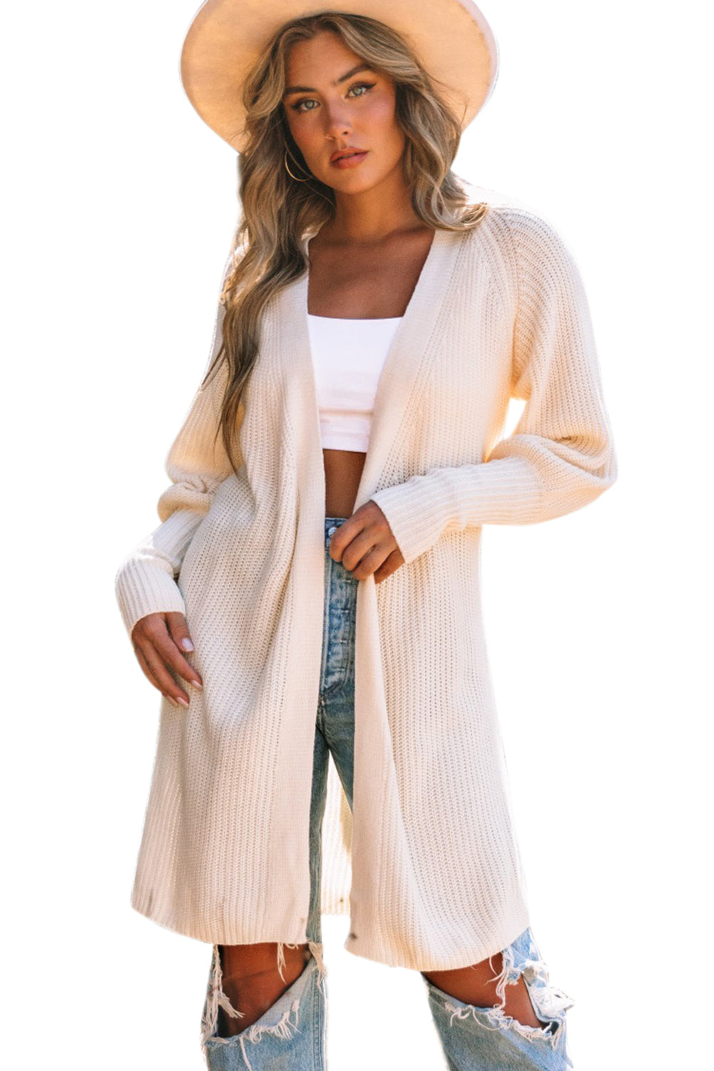 Apricot Solid Color Open Front Cardigan with Tie