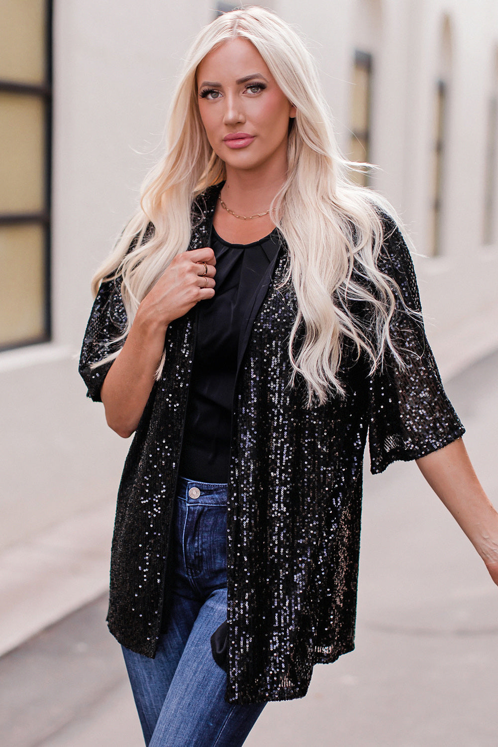 Black Luster Sequin Half Sleeves Draped Open Front Top
