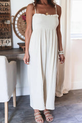 White Smocked Spaghetti Straps High Waist Wide Leg Jumpsuit