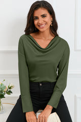 Green Cowl Neck Long Sleeve Elegant Blouse