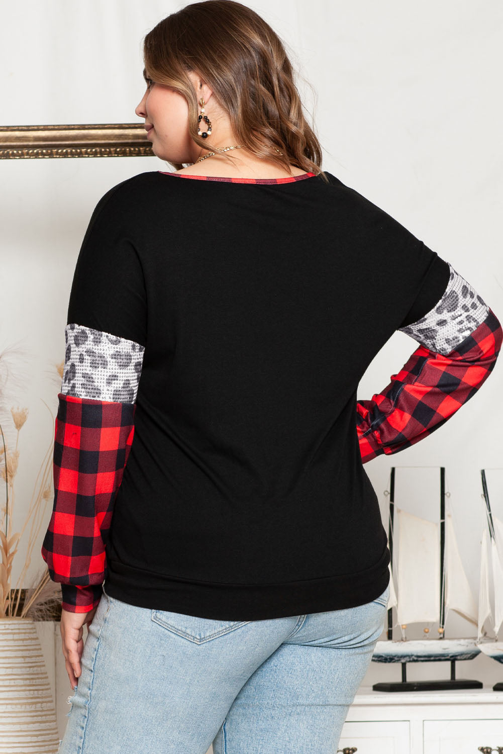 Black Sequined Leopard Insert Plaid Sleeve Plus Size Top