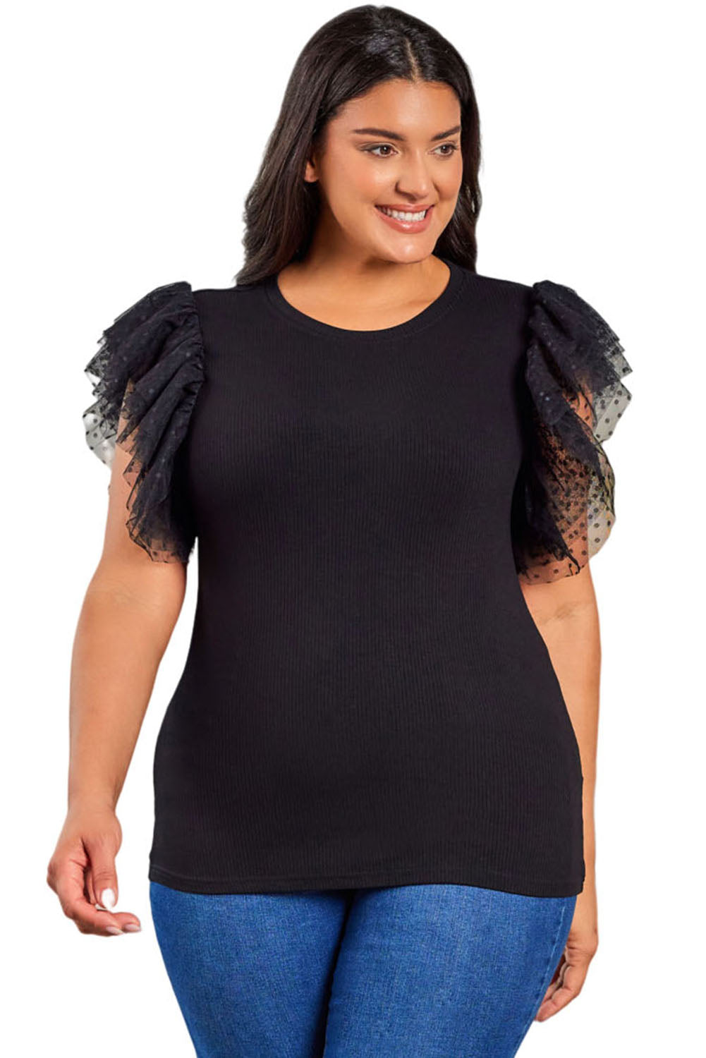 Black Dotty Mesh Ruffle Sleeve Ribbed Knit Babydoll Mini Dress