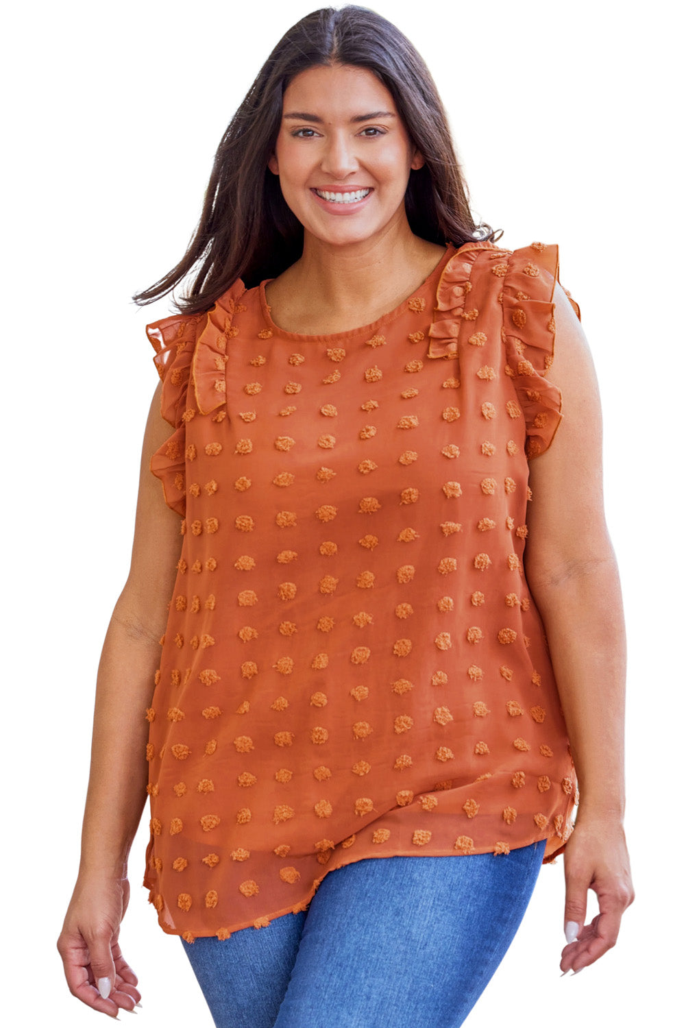 Orange Sheer Ruffle Detail Swiss Dot Curvy Tank Top