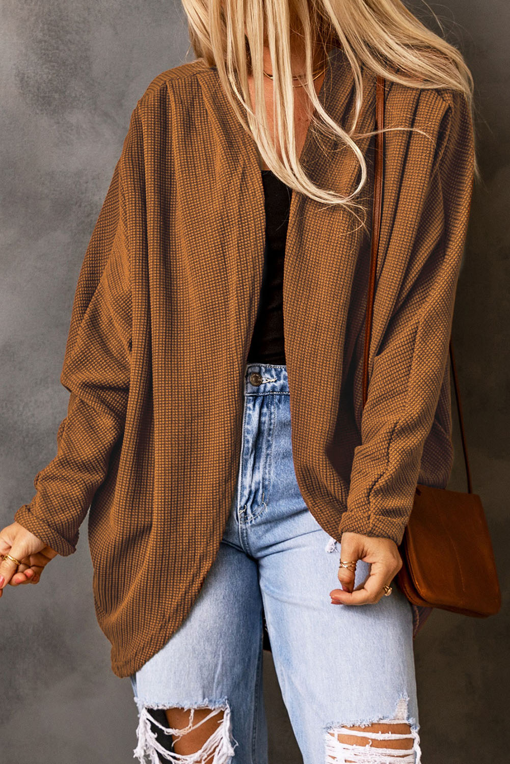 Brown Waffle Knit Open Front Rounded Hem Cardigan