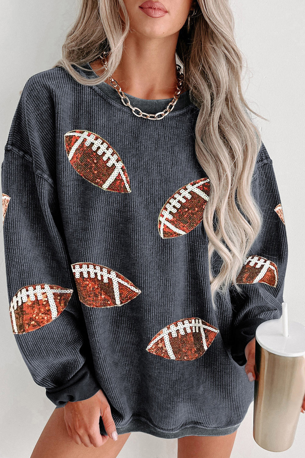 Red Sequined Rugby Graphic Drop Shoulder Sweatshirt