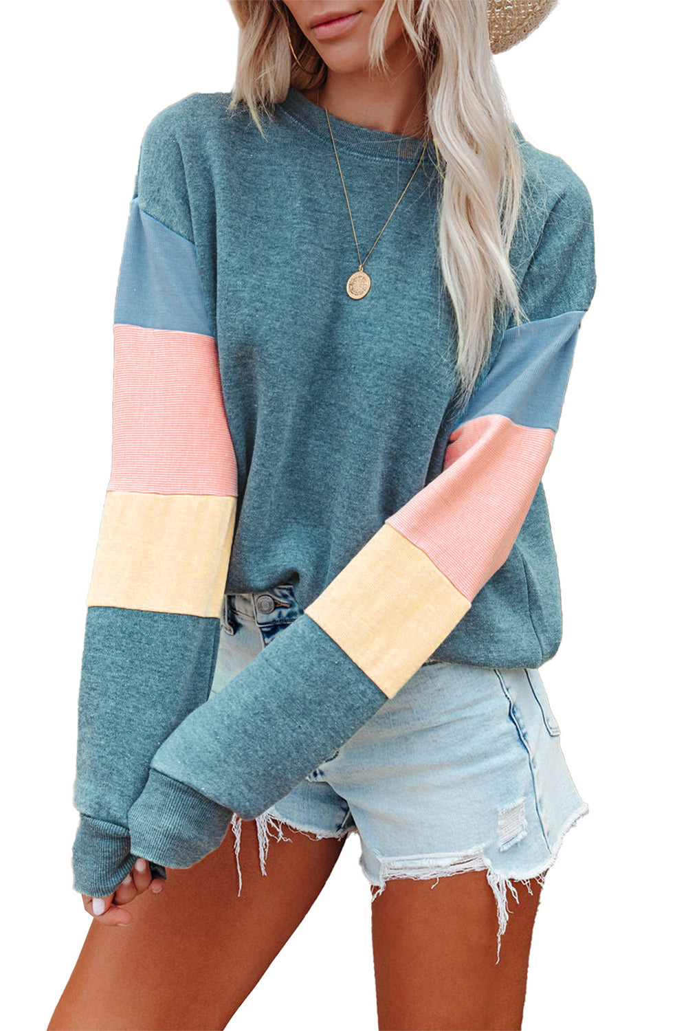 Blue Colorblock Long Sleeve Pullover Sweatshirt