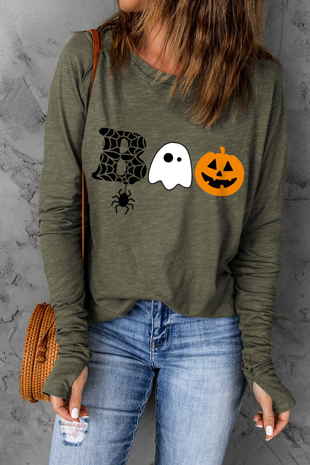 Black Halloween Pumpkin Graphic Thumbhole Sleeve Top