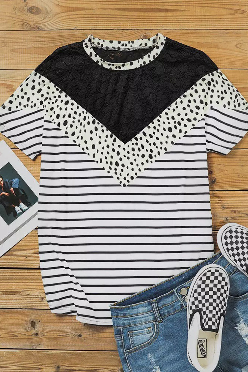 White Chevron Colorblock Lace Leopard Striped Print Short Sleeve Top