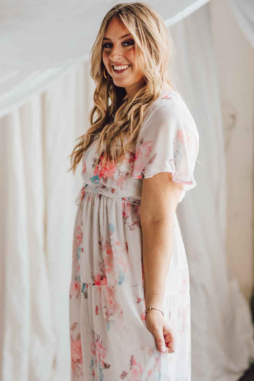 White V Neck Short Sleeves Floral Print Maxi Dress