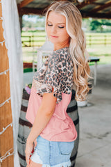 Pink Leopard Sequin Colorblock Patchwork Short Sleeve Top