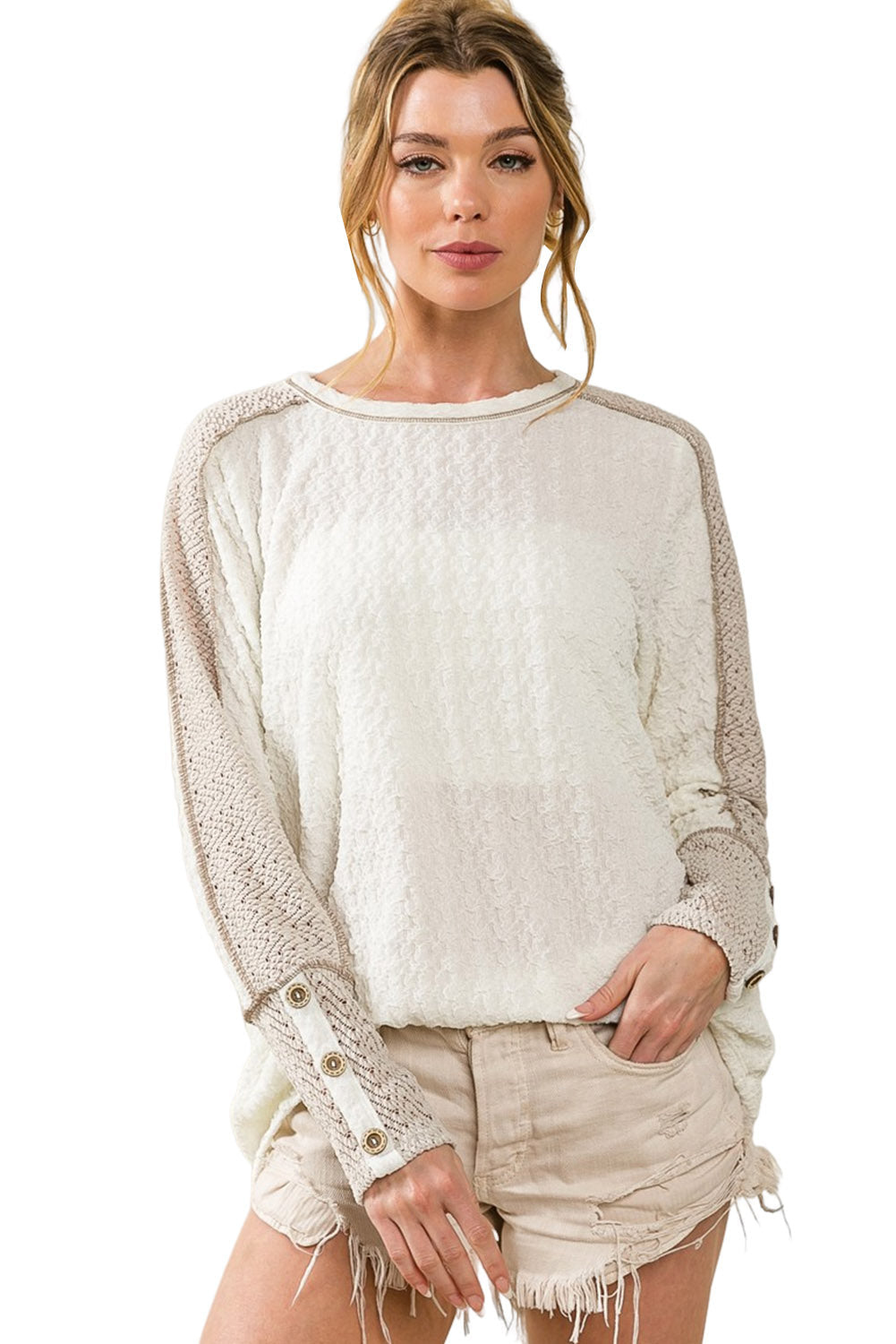 White Exposed Seam Textured Patch Buttoned Sleeve Top