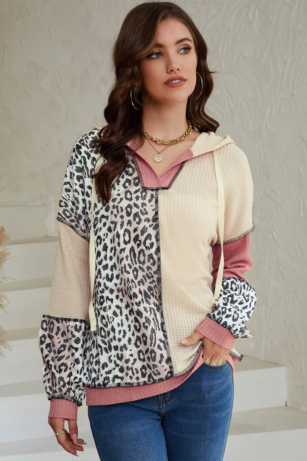 Leopard Colorblock Patchwork Waffle Knit Hoodie