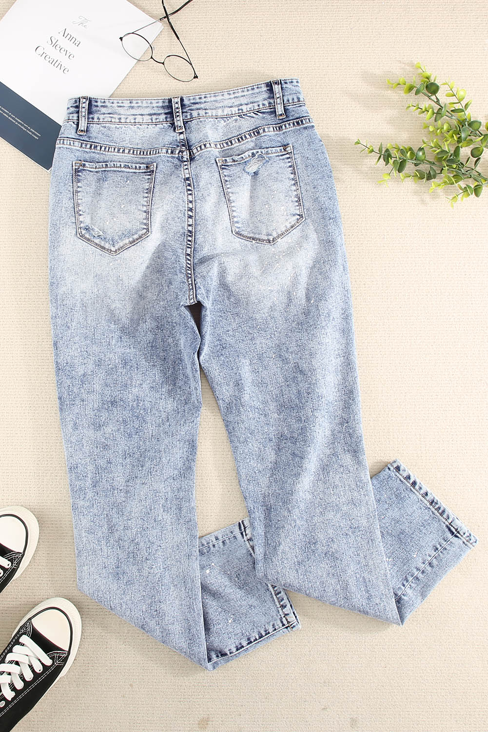 Sky Blue Distressed Faded Splatter Denim Pants