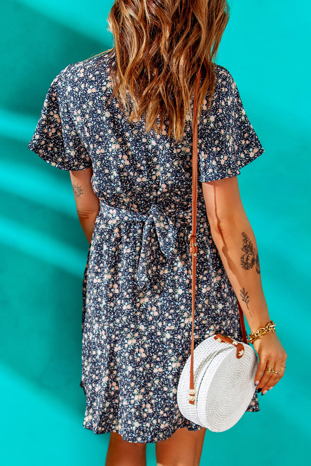 Blue Floral Print Tie Knot Ruffled Short Sleeve Mini Dress
