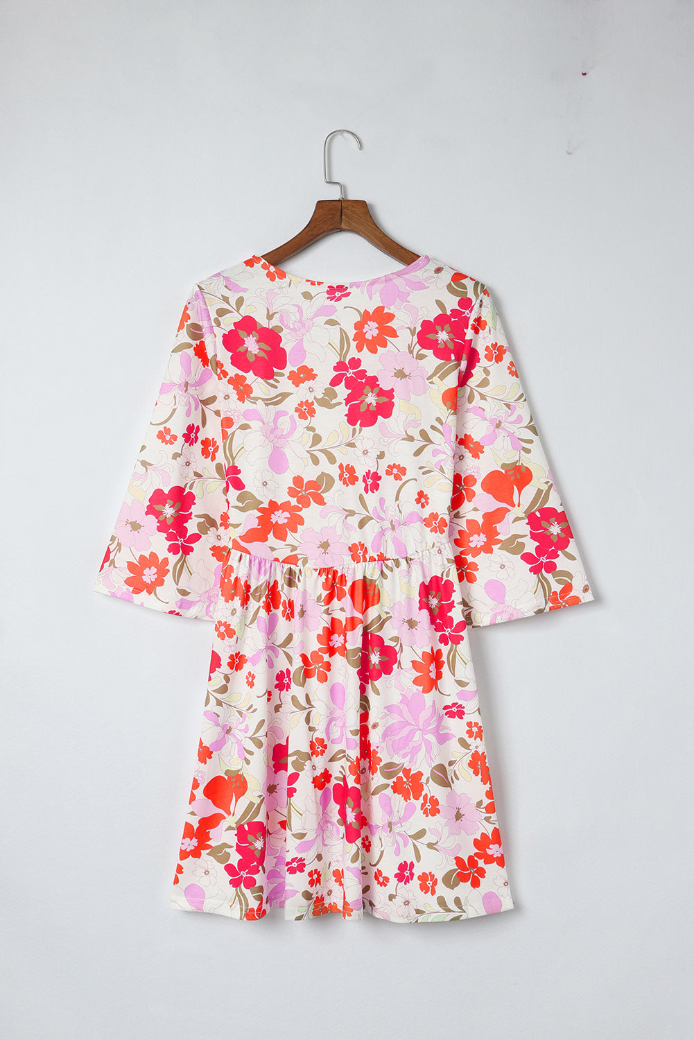 White V Neck 3/4 Sleeve Floral Dress