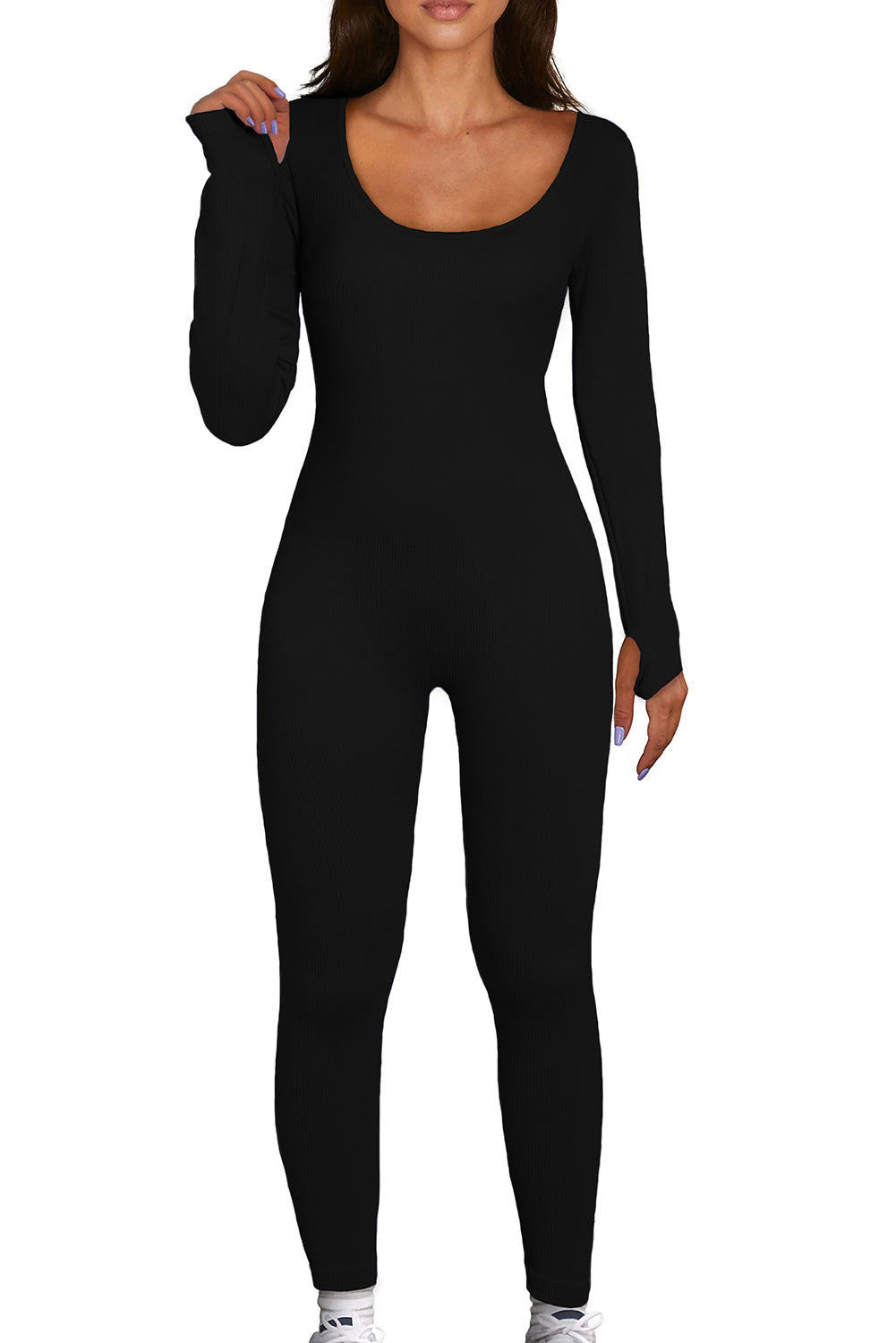 Black Scoop Neck Long Sleeve Seamless Yoga Jumpsuit