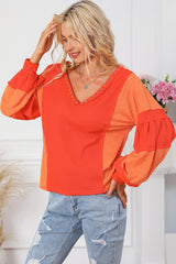 Red Studded V Neckline Exposed Seam Textured Knit Top