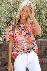 Red Floral Print Flutter Sleeve Top