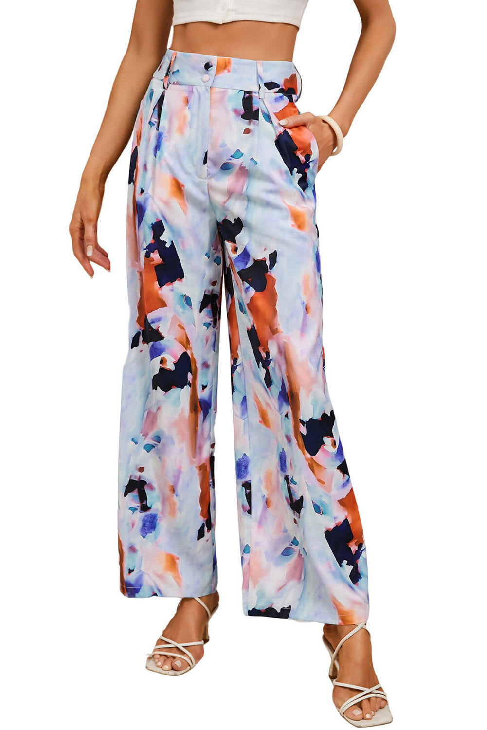 Multicolor Abstract Print High Waist Wide Leg Pants