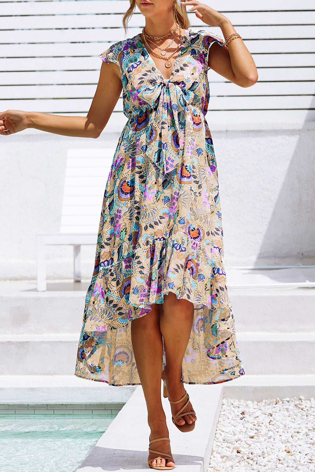 Multicolor Boho Floral Print Self-tie High Waist Long Dress