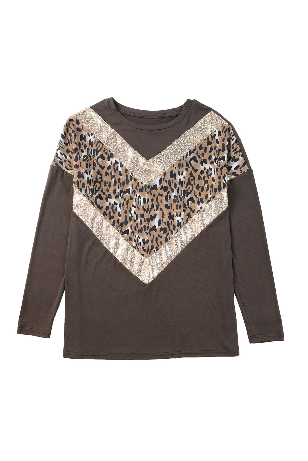 Brown Chevron Sequin Leopard Splicing Long Sleeve Top