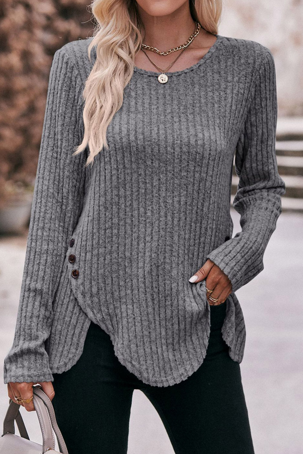 Gray Buttoned Hem Ribbed Long Sleeve Top