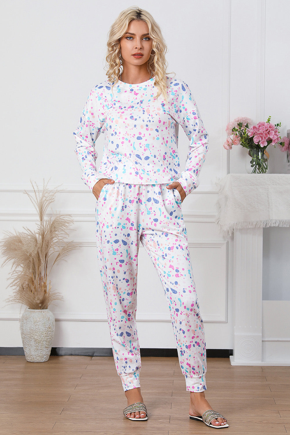 White Tie-dye Long Sleeve Crop Pullover and Joggers Lounge Set