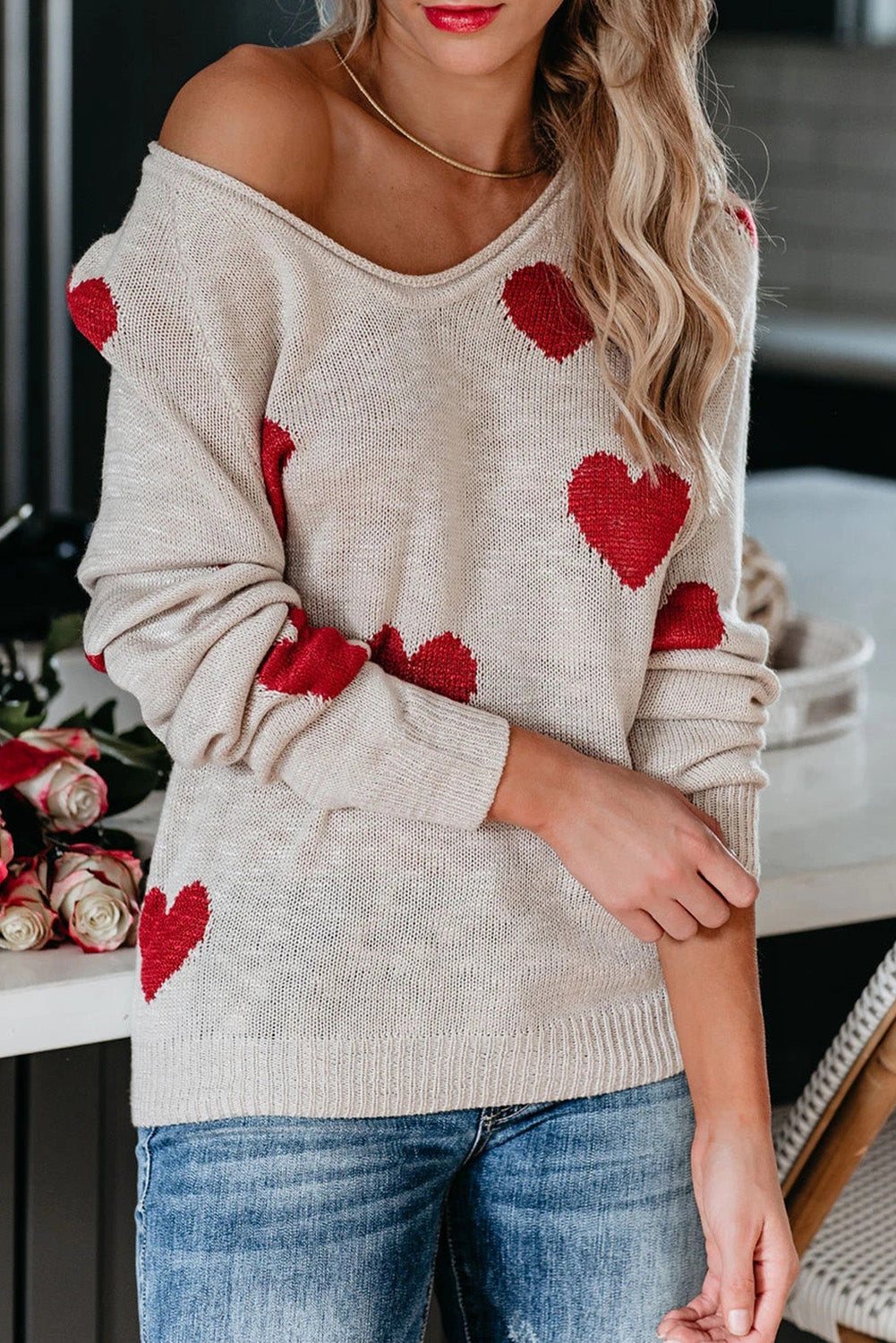 Red Heart Pattern V Neck Knit Sweater