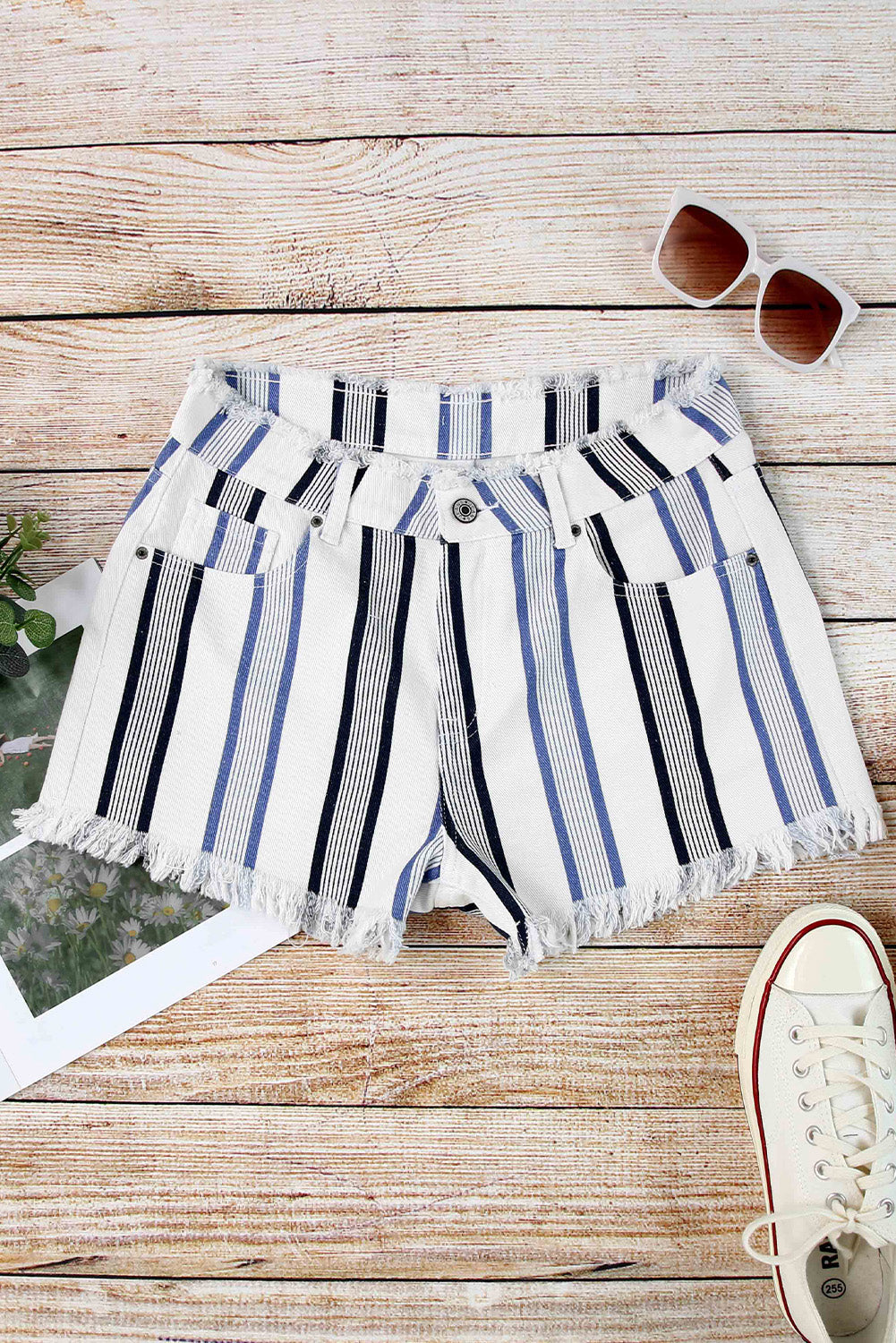 Stripe Raw Hem Distressed Denim Shorts