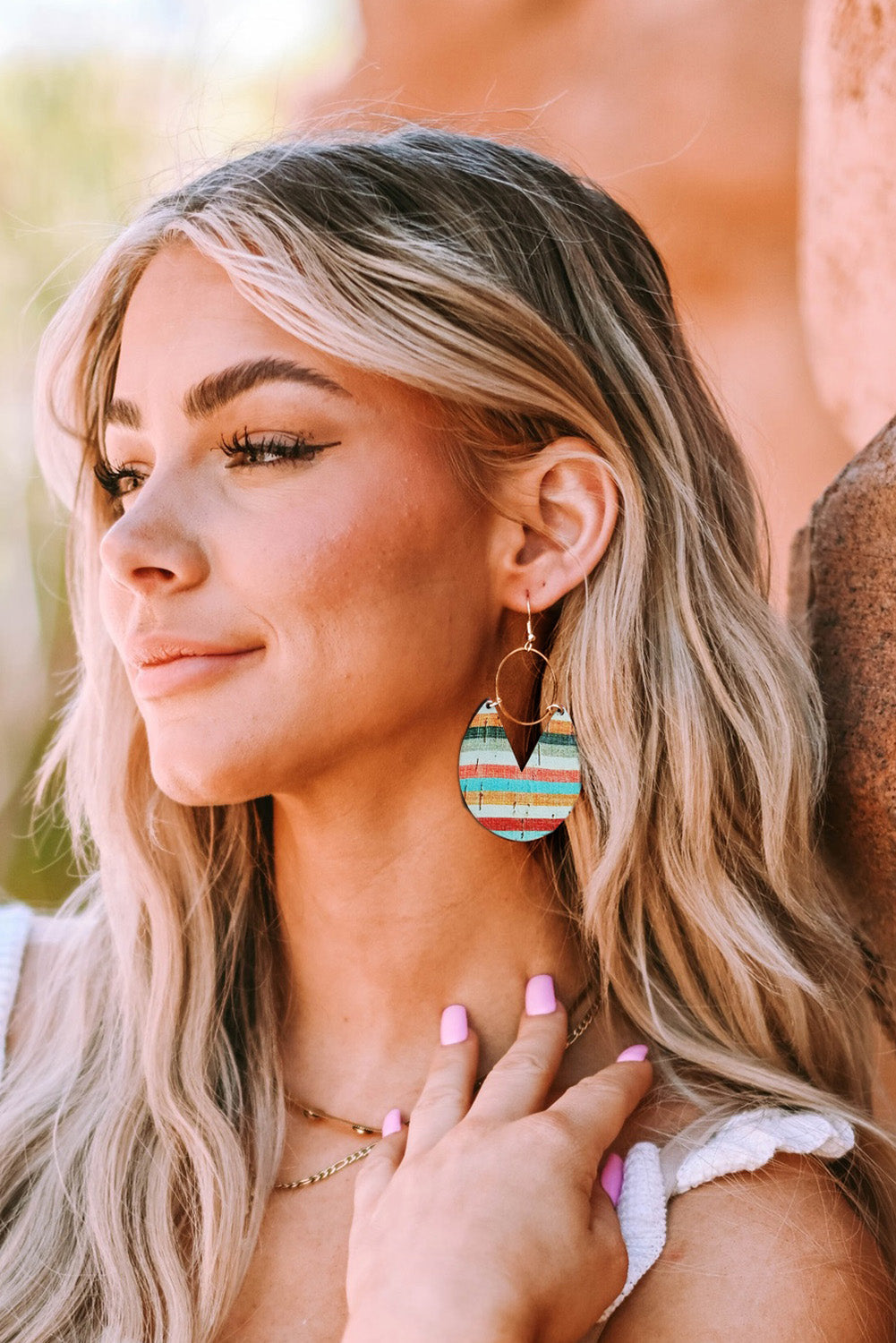 Multicolor Boho Striped Print Wood Drop Earrings