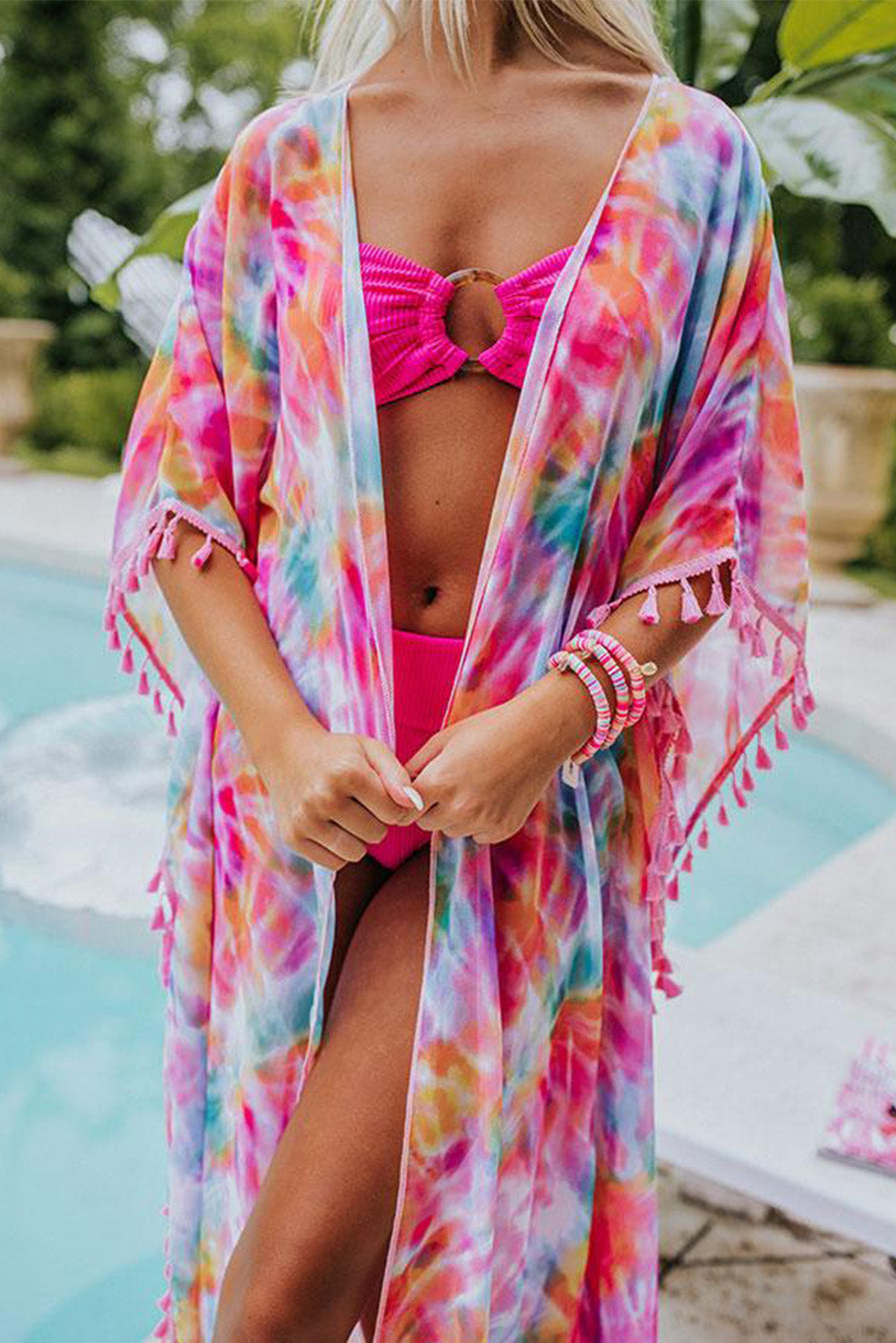 Multicolor Tie-dye Tassel Trim Kimono