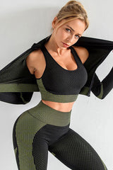 Green-2 3pcs Long Sleeve Crop Top Bra and Leggings Active Set