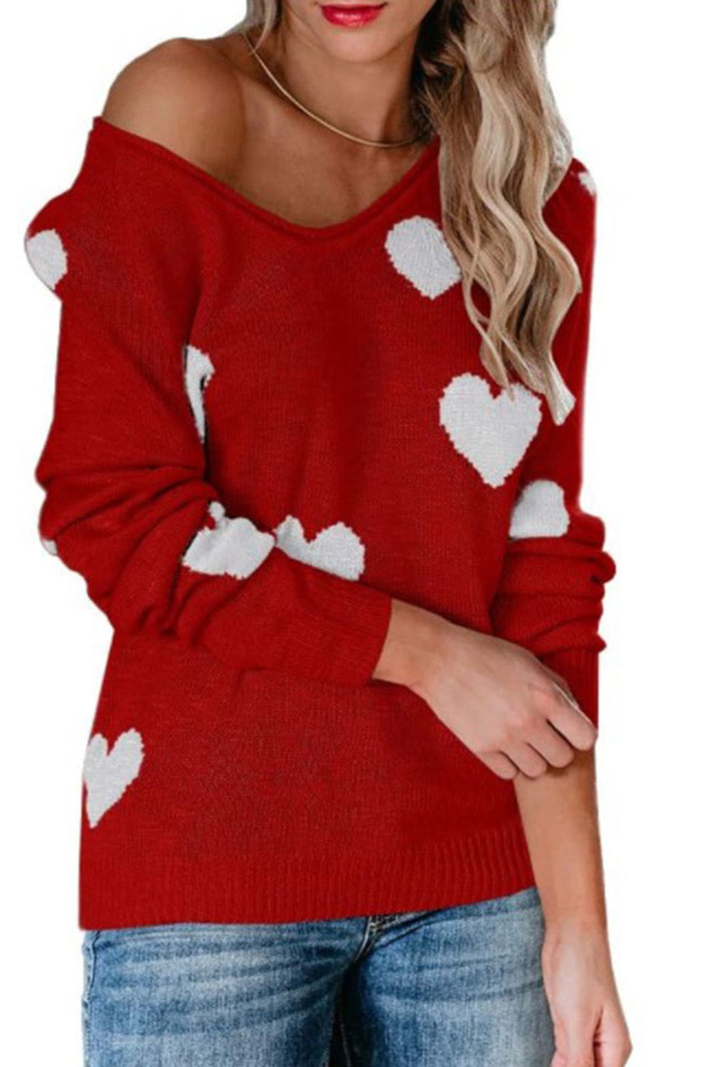 Red Heart Pattern V Neck Knit Sweater