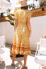 Yellow Floral Wrapped V Neck Tied Ruffled Sleeves Midi Dress