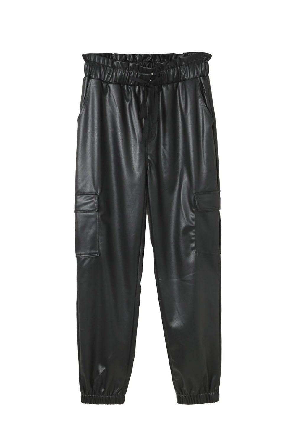 Black PU Leather Drawstring Elastic Waist Joggers