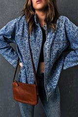 Sky Blue Oversized Leopard Denim Jacket with Pockets