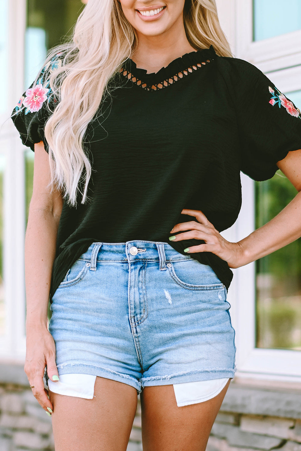 Black Floral Embroidered Bubble Sleeve Frill V Neck Top