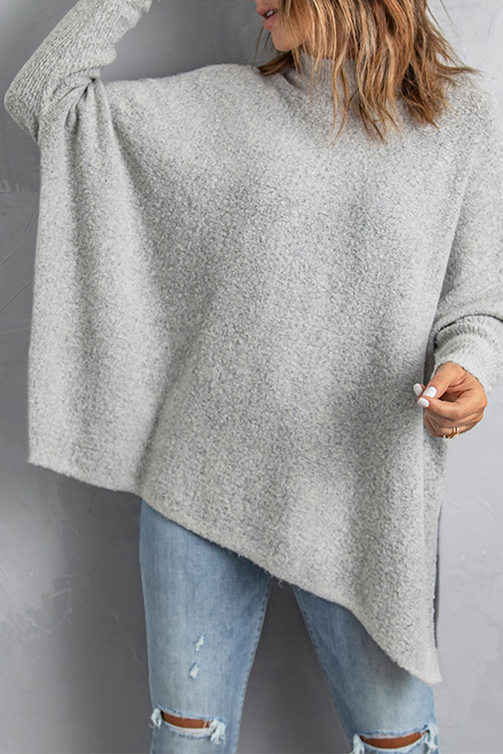 Grey High Neck Oversized Sweater with Slits