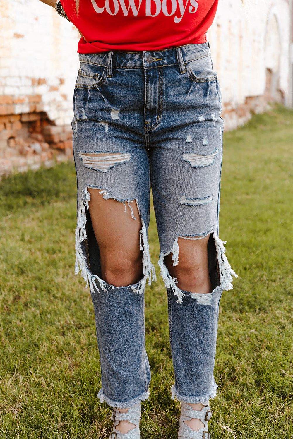 Sky Blue Ripped High Waist Boyfriend Jeans