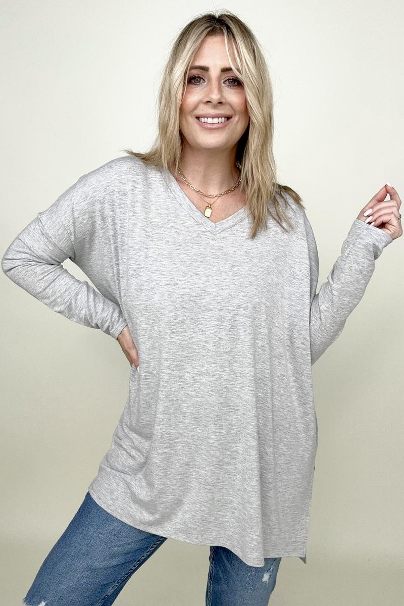 Amicg Solid Dolman Sleeve V Neck Top With Side Slits