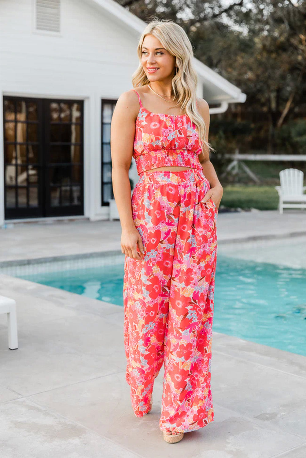 Boho Floral Sleeveless Wide Leg Pocket Pants Set