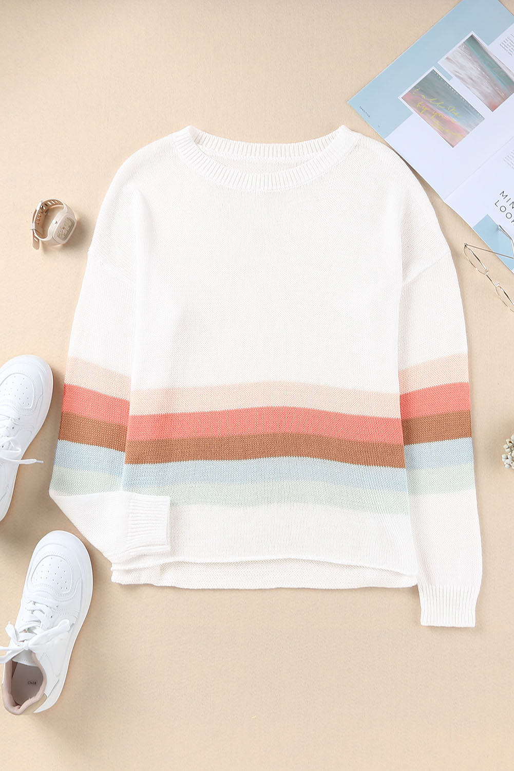White Ribbed Round Neck Striped Sweater