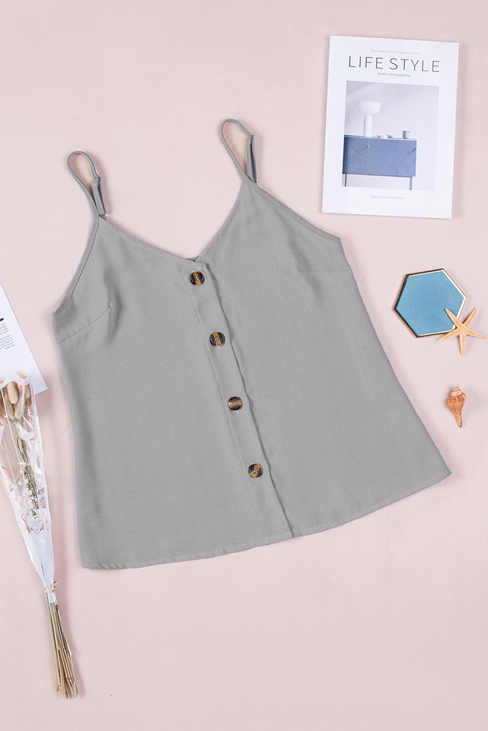 Gray Spaghetti Strap Buttoned Tank Top