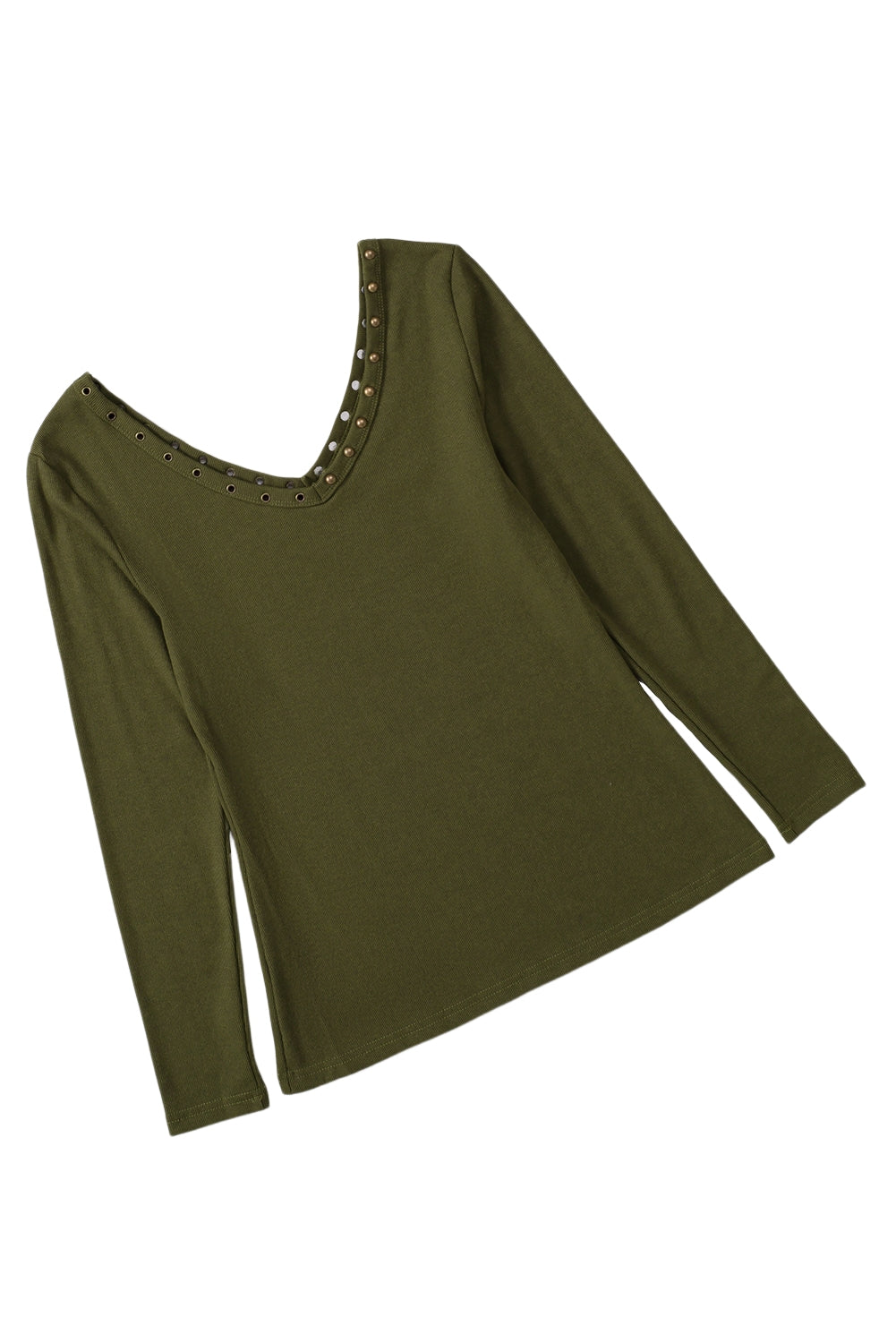 Green Studded Eyelet Neckline Ribbed Knit Long Sleeve Top