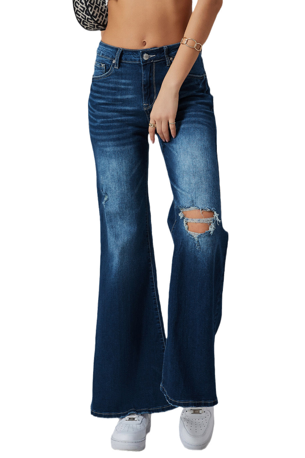 Blue Asymmetric Open Knee Distressed Flare Jeans